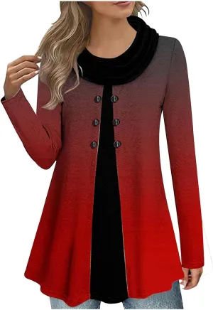 Womens Long Sleeve Cowl Neck Tops Button Down Tops Casual Trendy Tops Loose Fitting Tops Plus Size Gradient Tunic