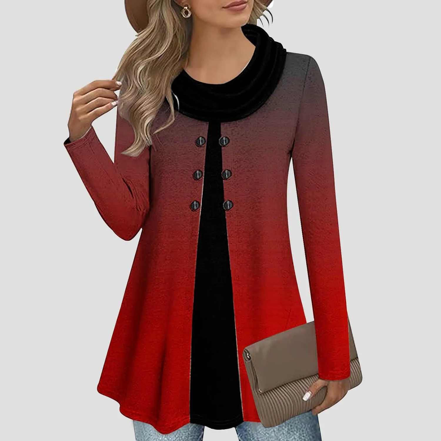 Womens Long Sleeve Cowl Neck Tops Button Down Tops Casual Trendy Tops Loose Fitting Tops Plus Size Gradient Tunic