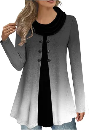 Womens Long Sleeve Cowl Neck Tops Button Down Tops Casual Trendy Tops Loose Fitting Tops Plus Size Gradient Tunic