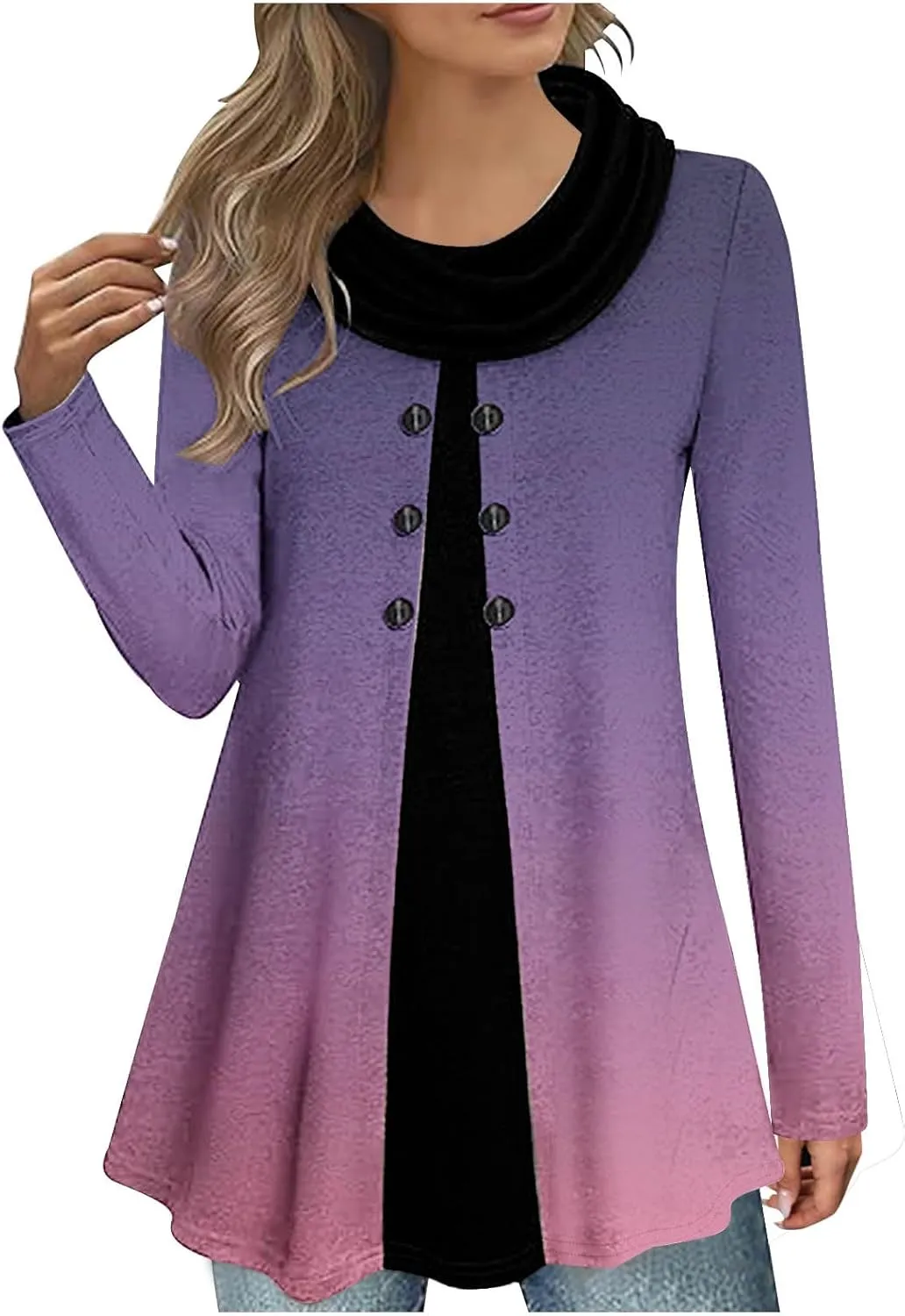 Womens Long Sleeve Cowl Neck Tops Button Down Tops Casual Trendy Tops Loose Fitting Tops Plus Size Gradient Tunic