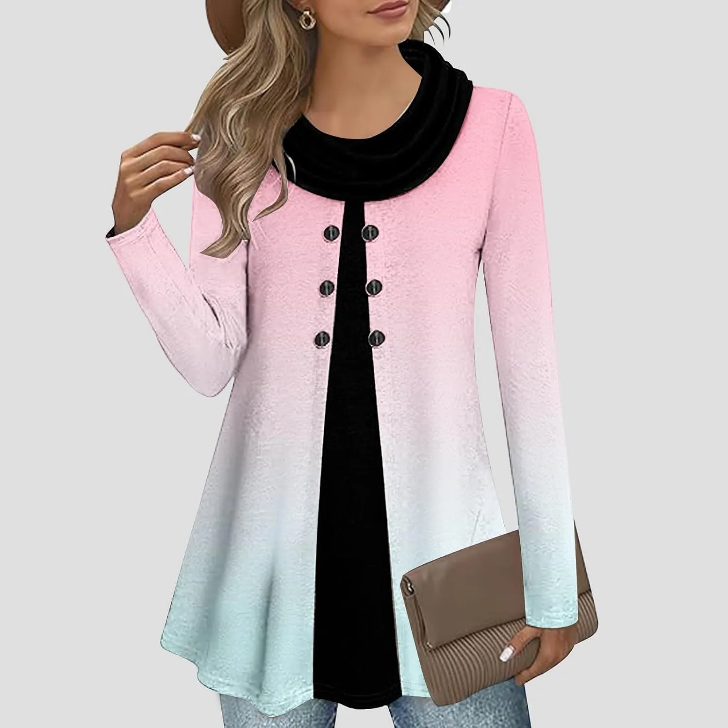 Womens Long Sleeve Cowl Neck Tops Button Down Tops Casual Trendy Tops Loose Fitting Tops Plus Size Gradient Tunic