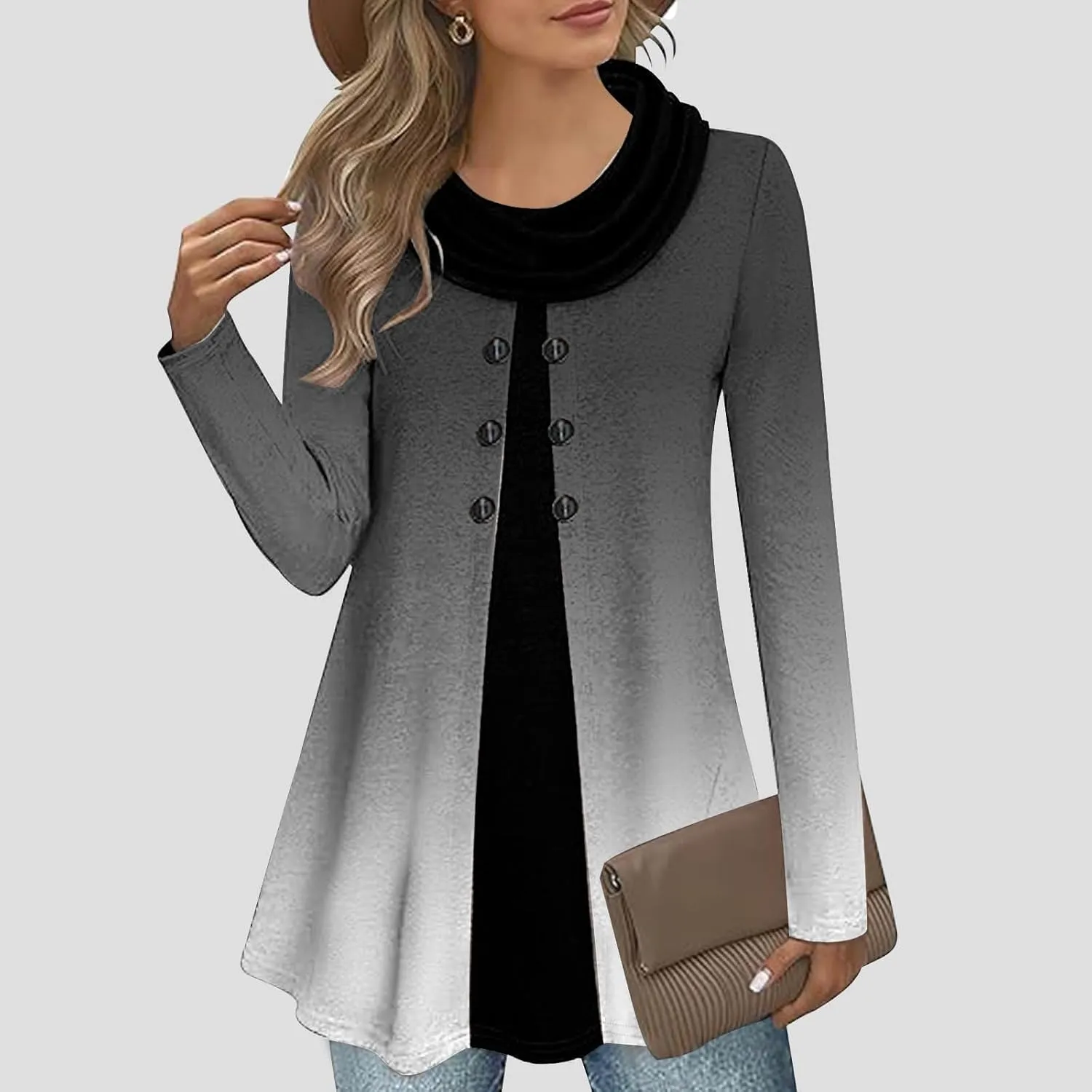 Womens Long Sleeve Cowl Neck Tops Button Down Tops Casual Trendy Tops Loose Fitting Tops Plus Size Gradient Tunic
