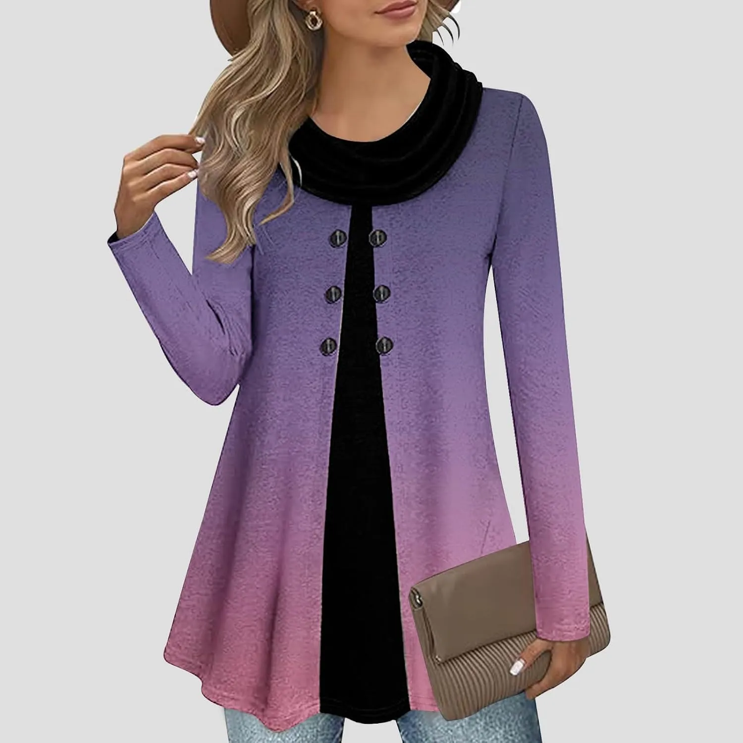 Womens Long Sleeve Cowl Neck Tops Button Down Tops Casual Trendy Tops Loose Fitting Tops Plus Size Gradient Tunic