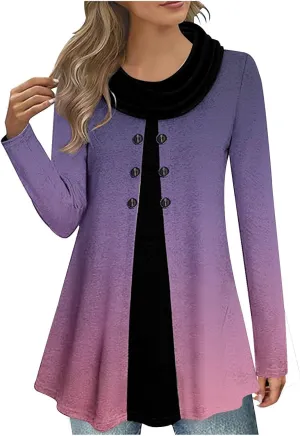 Womens Long Sleeve Cowl Neck Tops Button Down Tops Casual Trendy Tops Loose Fitting Tops Plus Size Gradient Tunic