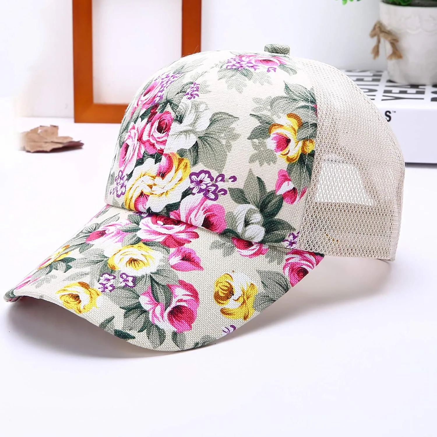 Women's Mesh Flower Print Sun Hat Fashionable Adjustable Floral Baseball Cap Casual Outdoor Sport Trucker Hat