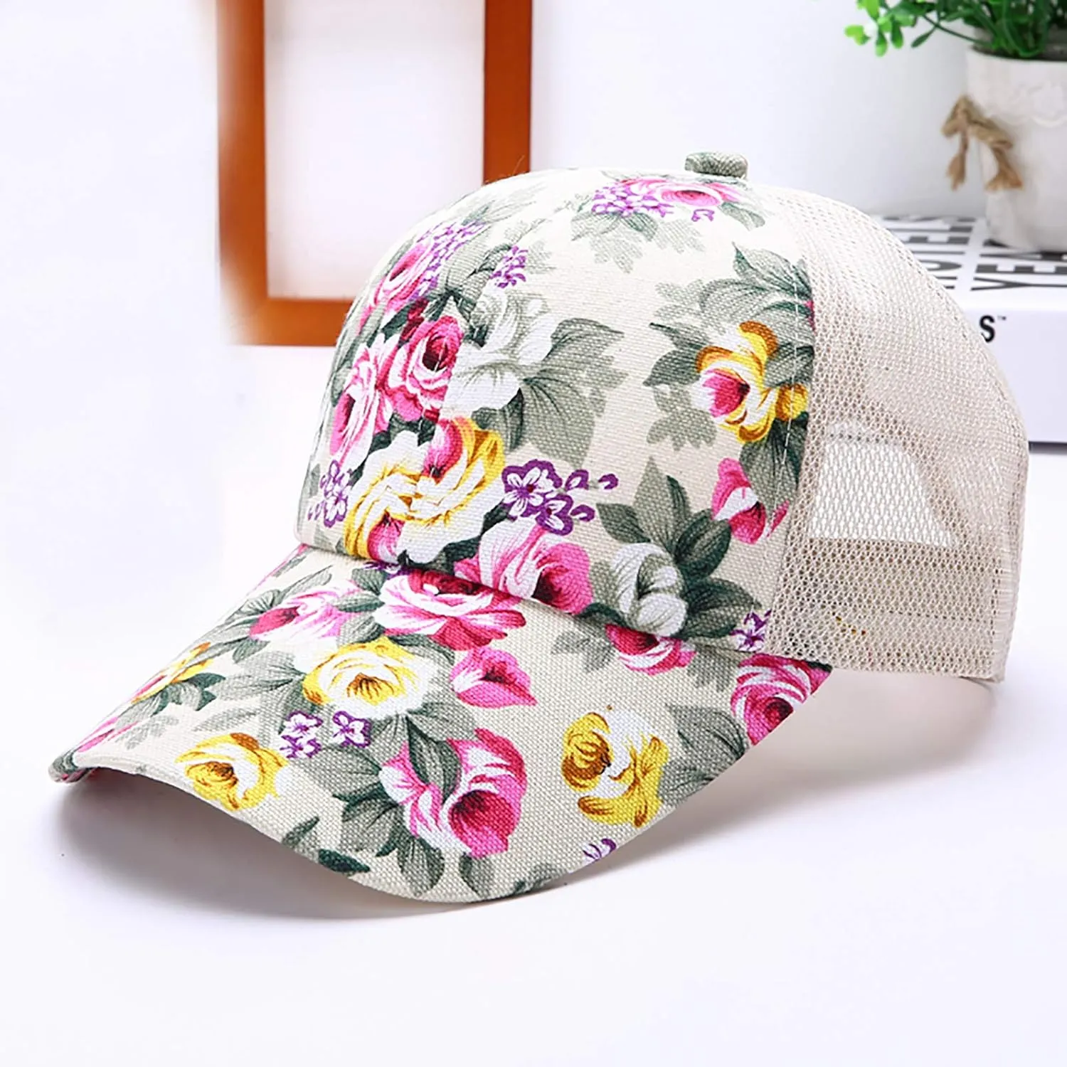 Women's Mesh Flower Print Sun Hat Fashionable Adjustable Floral Baseball Cap Casual Outdoor Sport Trucker Hat