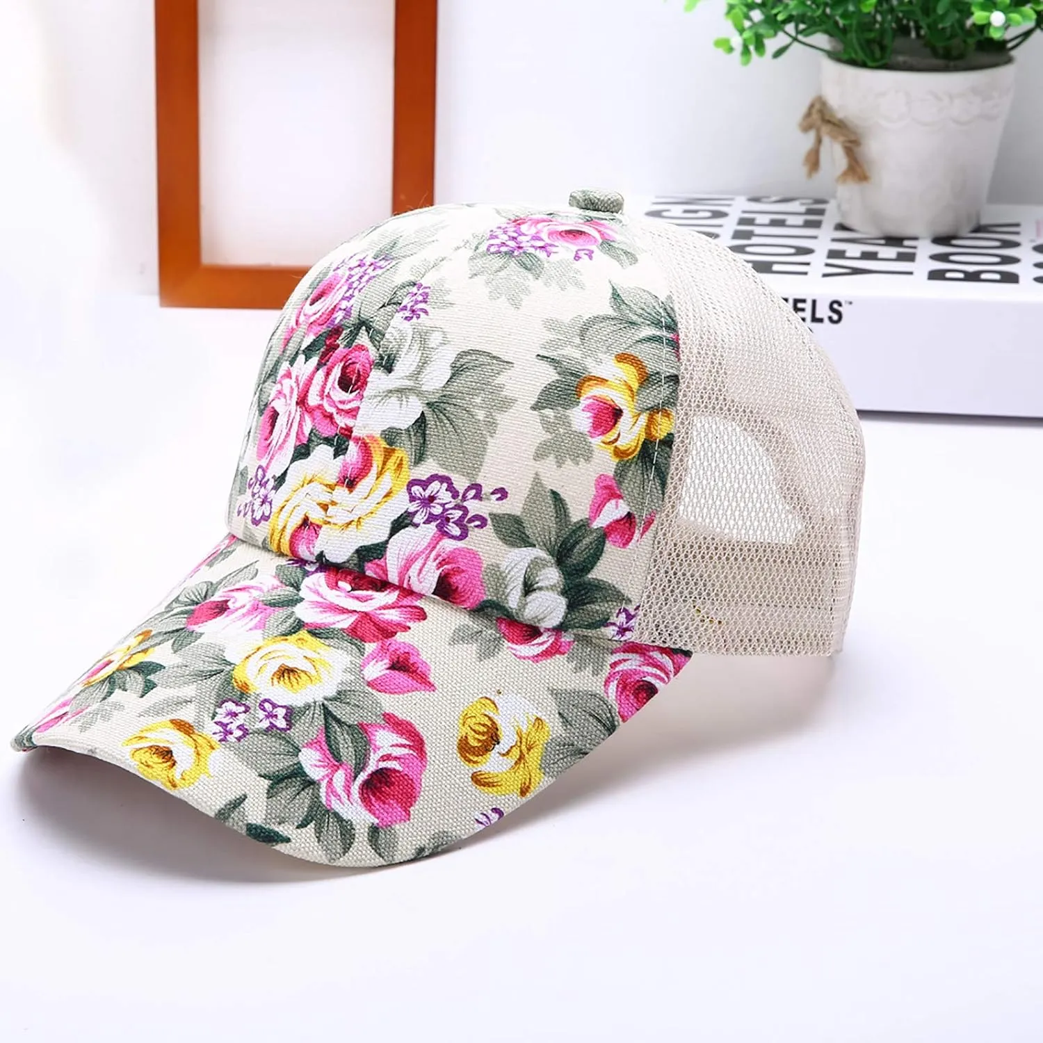 Women's Mesh Flower Print Sun Hat Fashionable Adjustable Floral Baseball Cap Casual Outdoor Sport Trucker Hat