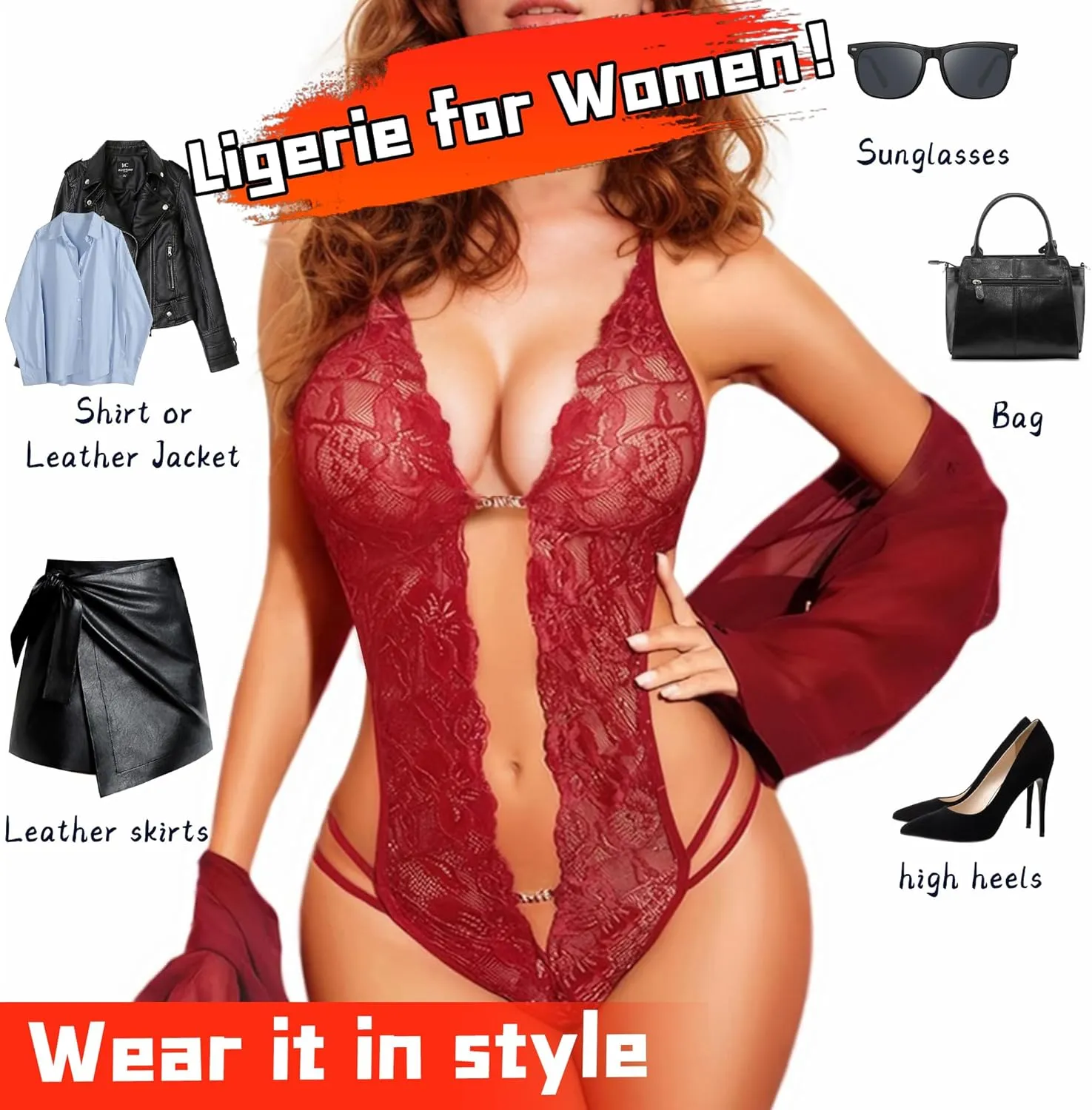 Women's One Piece Lingerie Deep V Teddy Babydoll Underwear for Women Sexy Bodysuit Nighties with Hollow Out Floral Lace