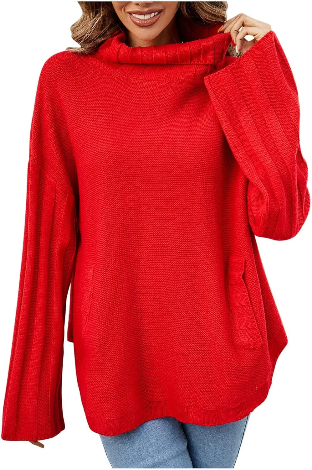 Women's Oversized Sweater Tops Long Sleeve Turtleneck Knit Jumper Solid Loose Dressy Pullover Blouse Tunic Tops