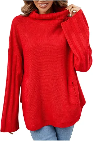 Women's Oversized Sweater Tops Long Sleeve Turtleneck Knit Jumper Solid Loose Dressy Pullover Blouse Tunic Tops