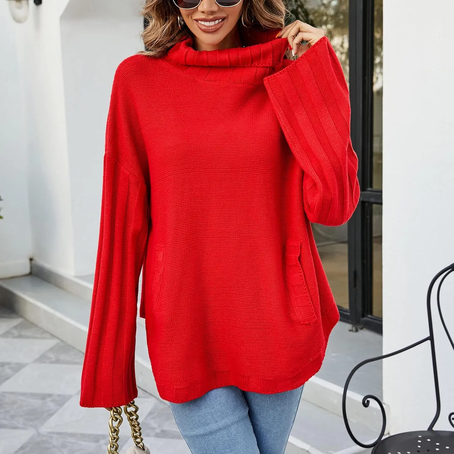 Women's Oversized Sweater Tops Long Sleeve Turtleneck Knit Jumper Solid Loose Dressy Pullover Blouse Tunic Tops