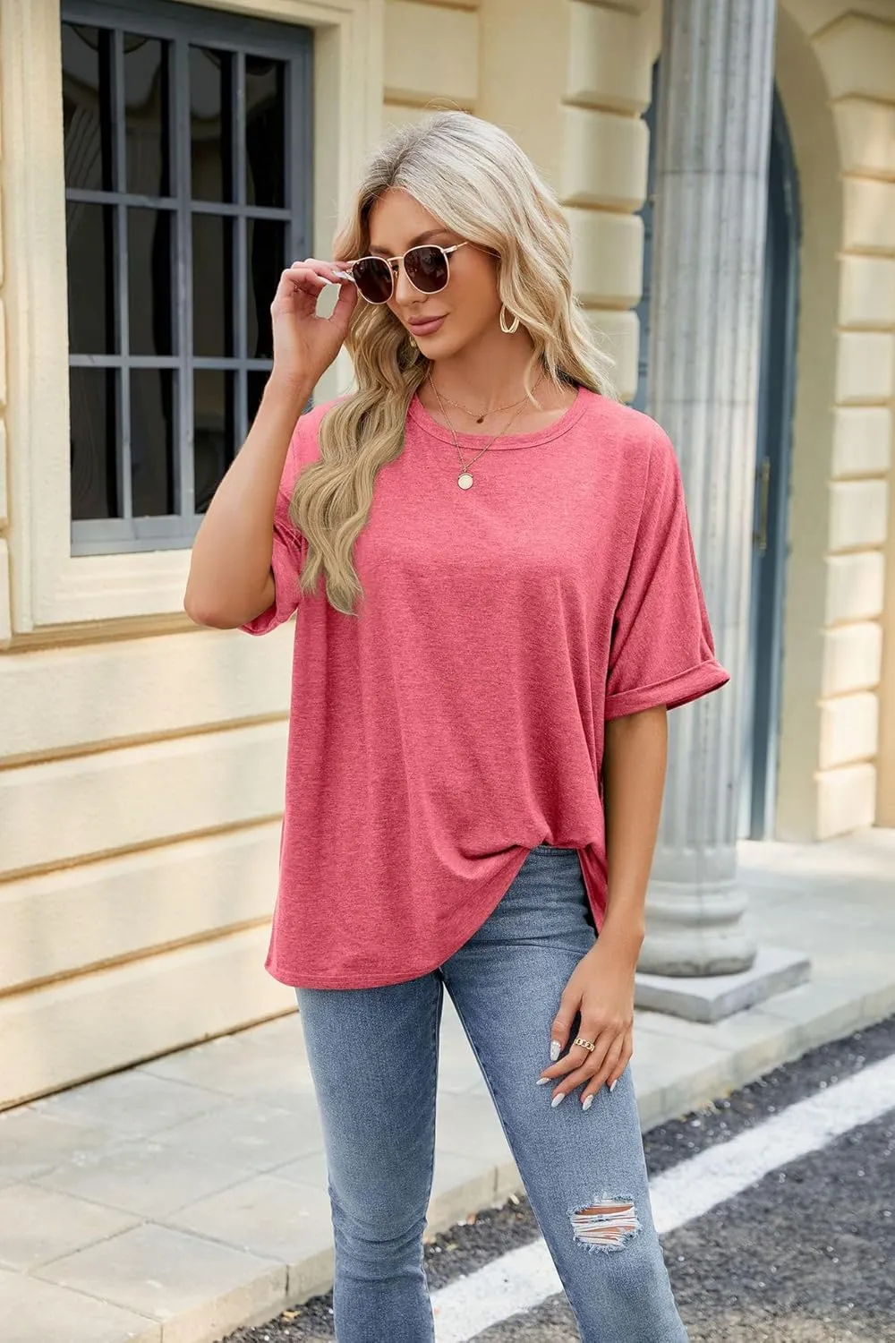 Womens Oversized T Shirts Short Sleeve Crewneck Summer Tops Casual Loose Blouse Basic Tee Tops