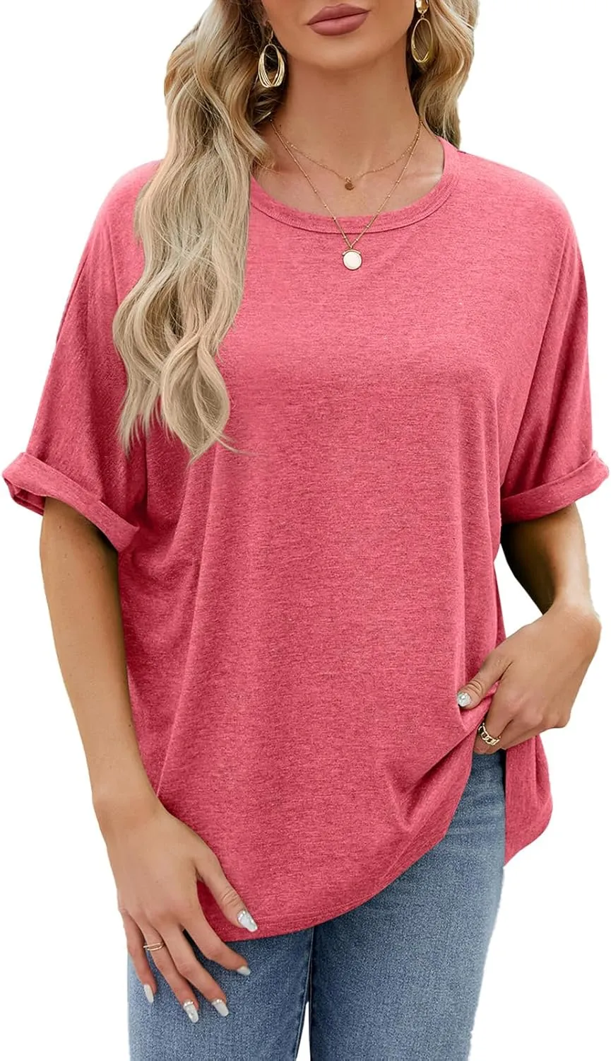 Womens Oversized T Shirts Short Sleeve Crewneck Summer Tops Casual Loose Blouse Basic Tee Tops