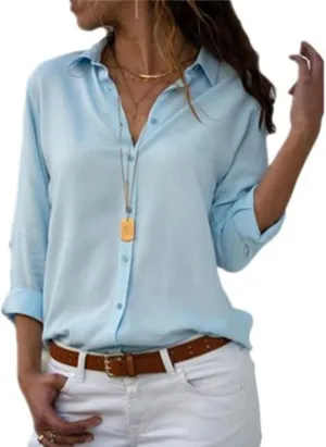 Womens Solid Color Stylish Chiffon Shirts Long Sleeve Button Down Blouse Tops Elegant Casual Comfy Shirt Workwear