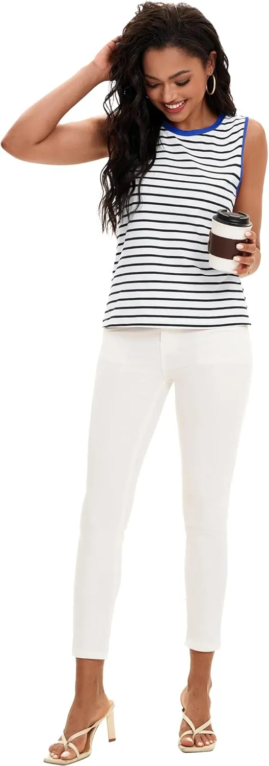 Womens Striped Tank Tops Color Block Side Slits Crewneck Summer Tops Casual Loose Fit Sleeveless Shirts