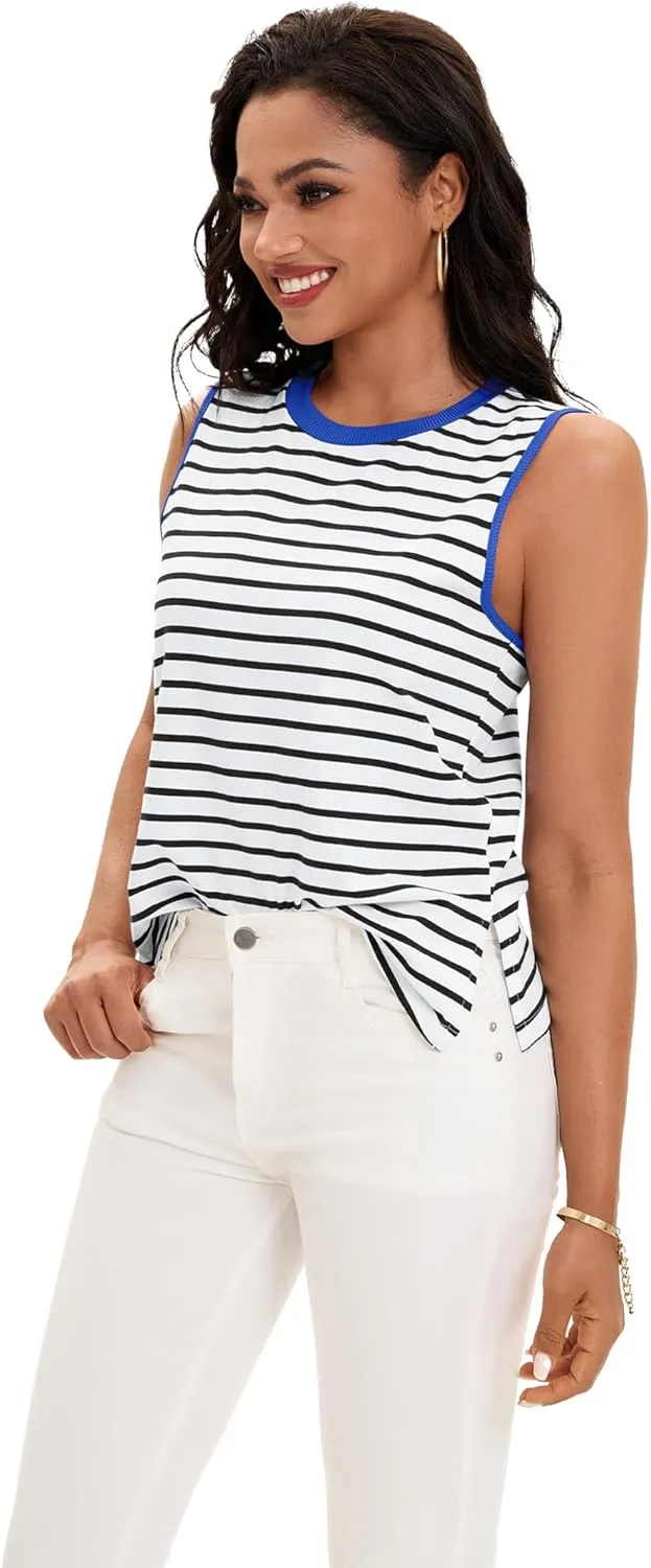 Womens Striped Tank Tops Color Block Side Slits Crewneck Summer Tops Casual Loose Fit Sleeveless Shirts