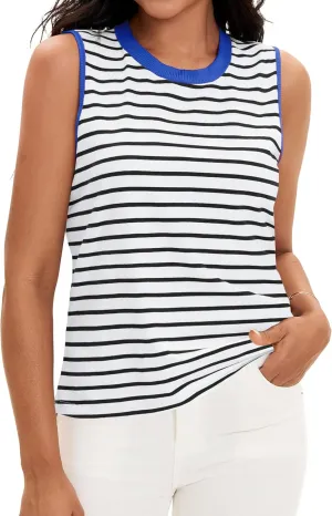 Womens Striped Tank Tops Color Block Side Slits Crewneck Summer Tops Casual Loose Fit Sleeveless Shirts