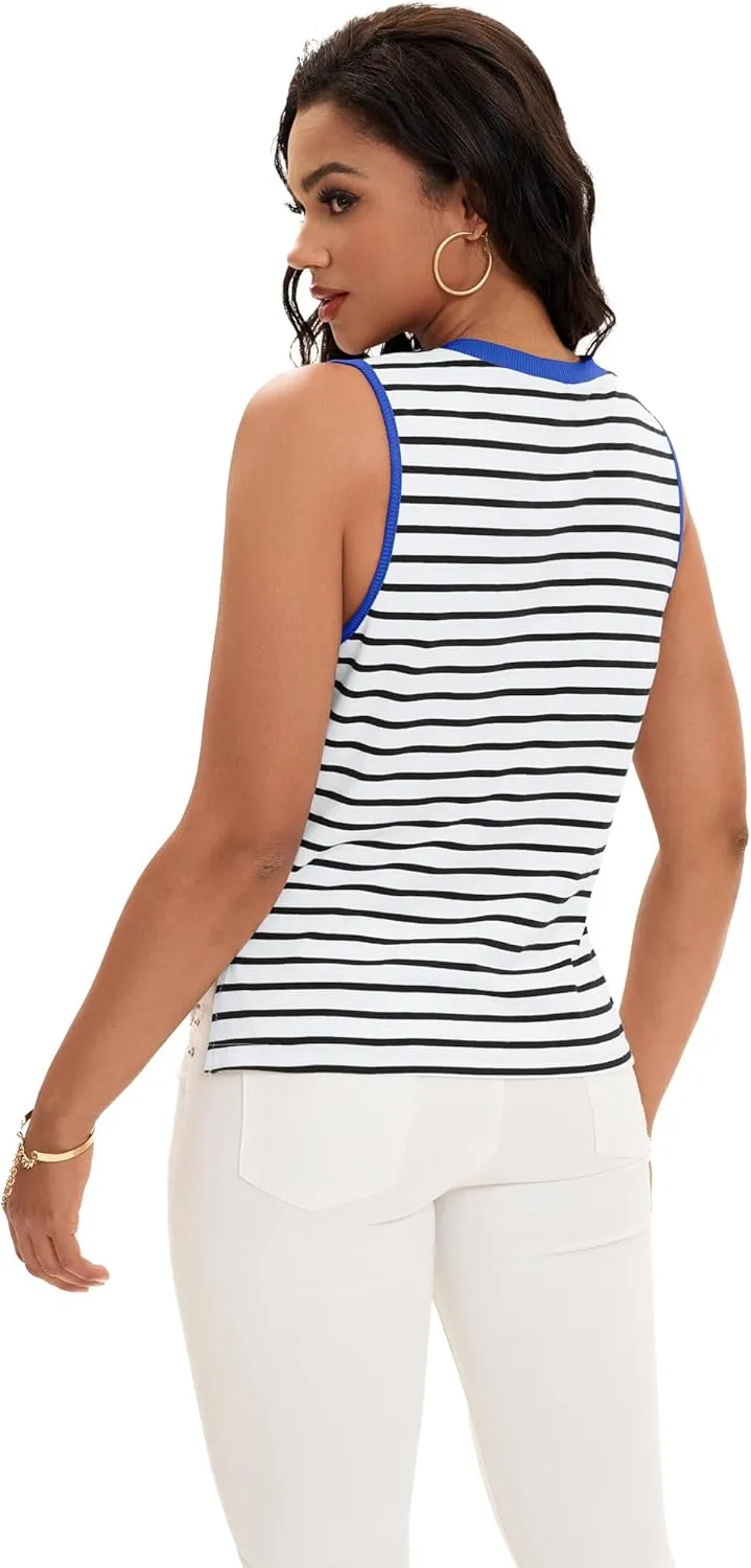Womens Striped Tank Tops Color Block Side Slits Crewneck Summer Tops Casual Loose Fit Sleeveless Shirts