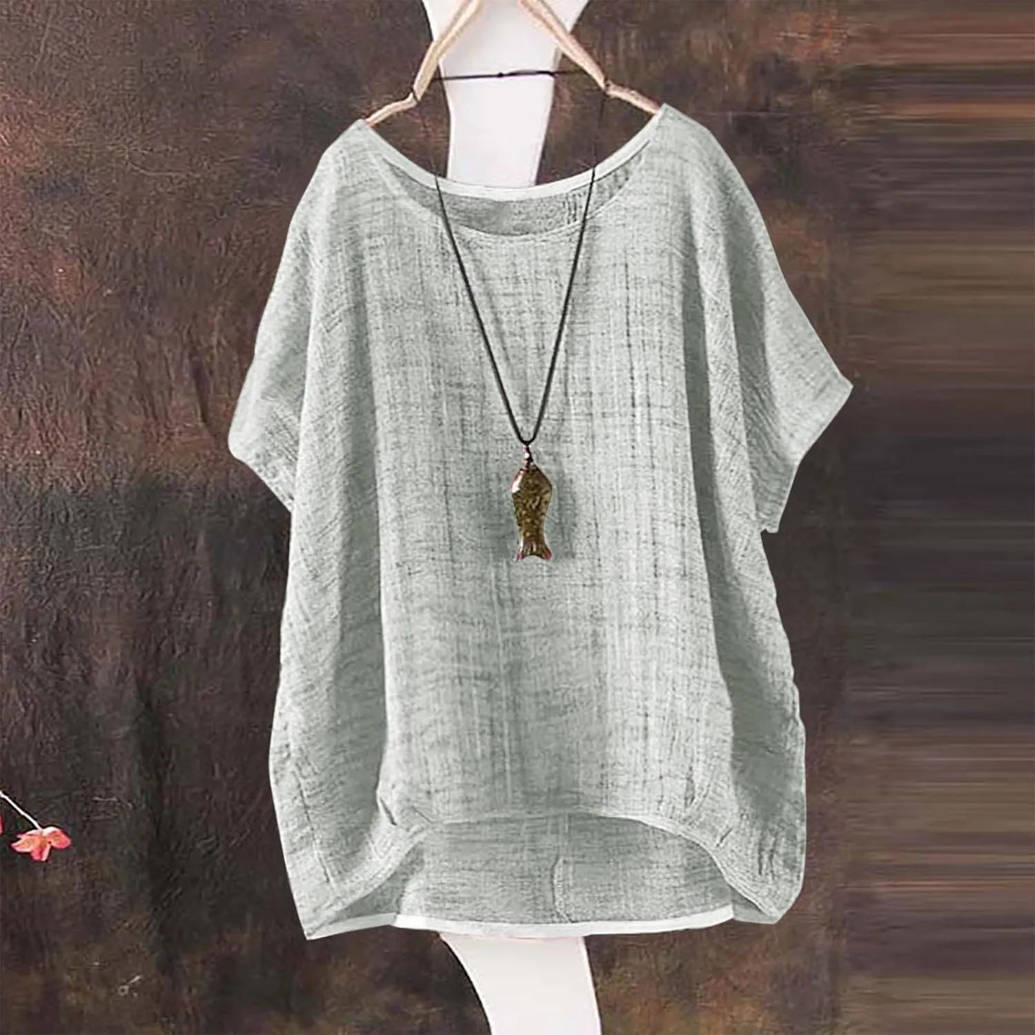 Women's Summer Cotton Linen Boho Floral Short Sleeve Tunic Tops Casual Comfy Womens Tops Oversized Business