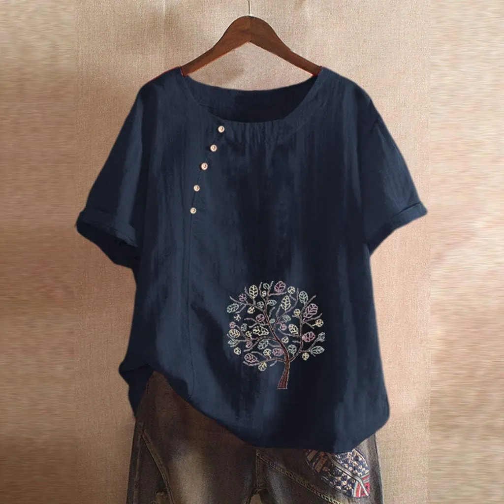 Womens Tops Short Sleeve Summer Henley Shirts Scoop Neck Ruched Button Blouses Dressy Casual Tunic Tops