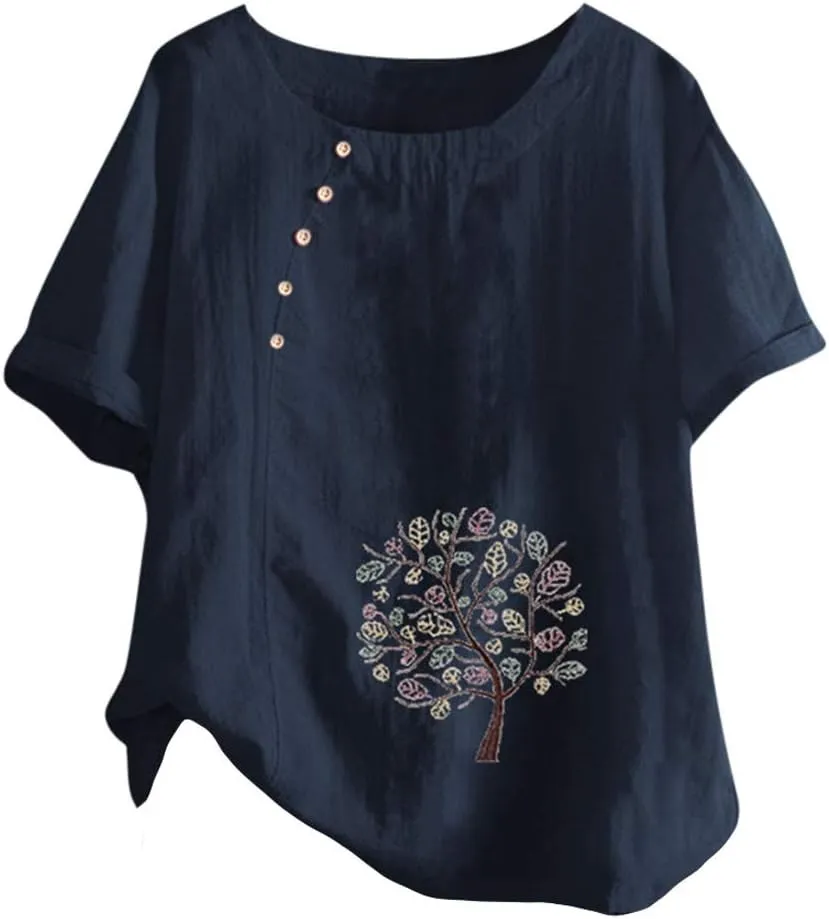 Womens Tops Short Sleeve Summer Henley Shirts Scoop Neck Ruched Button Blouses Dressy Casual Tunic Tops