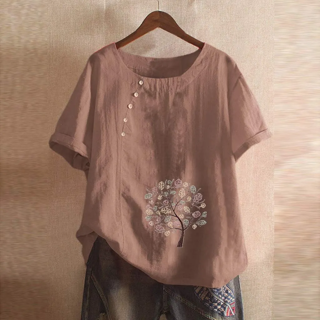 Womens Tops Short Sleeve Summer Henley Shirts Scoop Neck Ruched Button Blouses Dressy Casual Tunic Tops