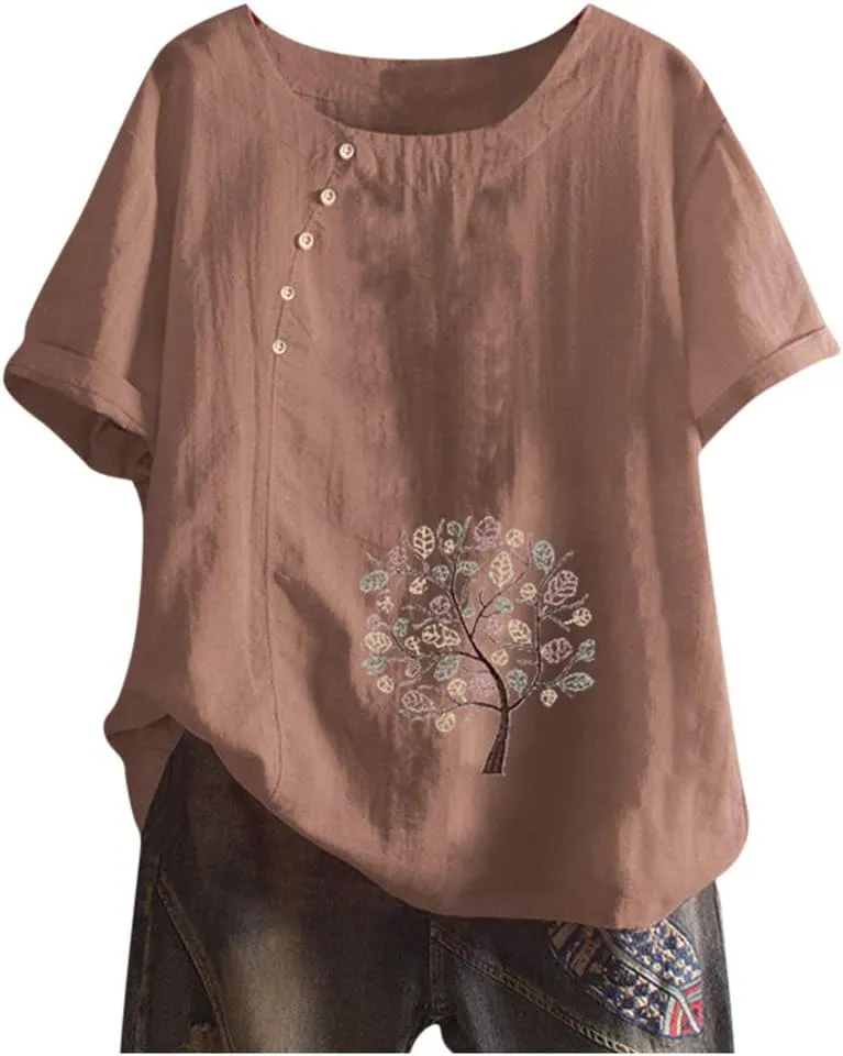 Womens Tops Short Sleeve Summer Henley Shirts Scoop Neck Ruched Button Blouses Dressy Casual Tunic Tops