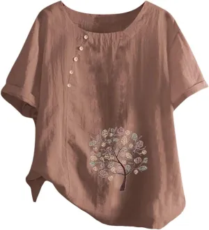 Womens Tops Short Sleeve Summer Henley Shirts Scoop Neck Ruched Button Blouses Dressy Casual Tunic Tops
