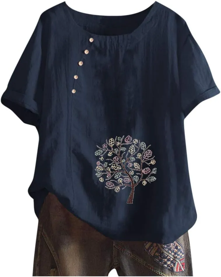 Womens Tops Short Sleeve Summer Henley Shirts Scoop Neck Ruched Button Blouses Dressy Casual Tunic Tops