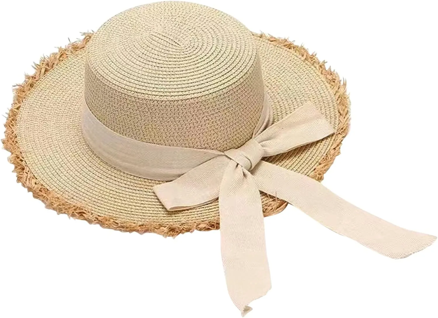 Womens 𝚂traw Sun Hats Bow Wide Brim Foldable Beach Hats Flat Top Hat Summer Sun Travel Hat
