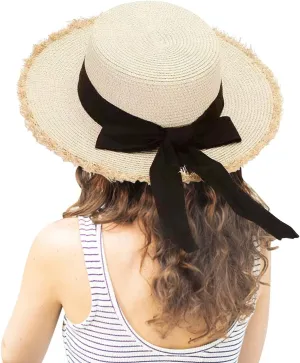 Womens 𝚂traw Sun Hats Bow Wide Brim Foldable Beach Hats Flat Top Hat Summer Sun Travel Hat