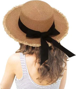 Womens 𝚂traw Sun Hats Bow Wide Brim Foldable Beach Hats Flat Top Hat Summer Sun Travel Hat
