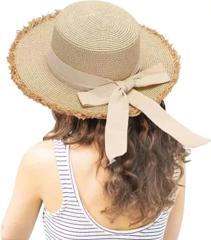 Womens 𝚂traw Sun Hats Bow Wide Brim Foldable Beach Hats Flat Top Hat Summer Sun Travel Hat