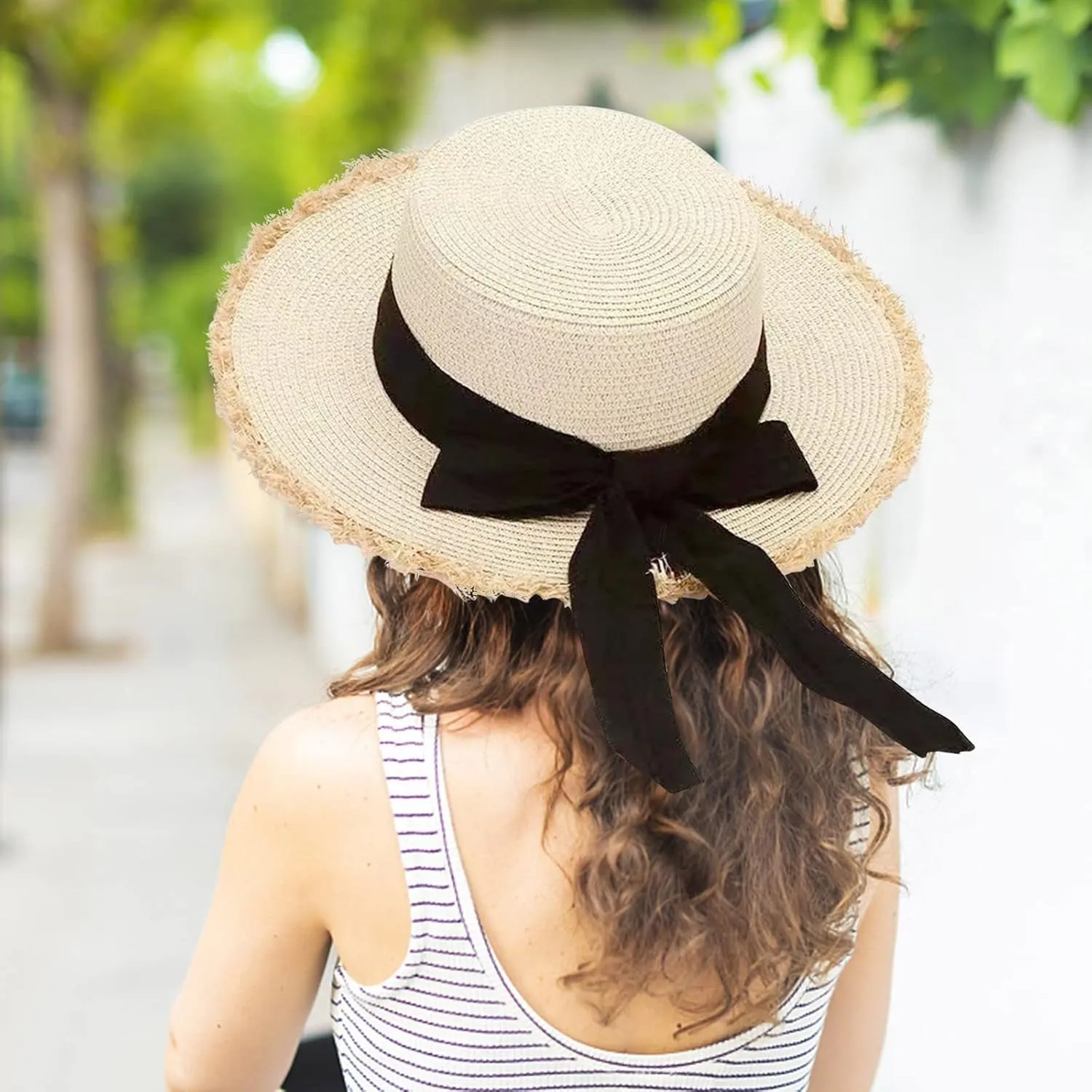 Womens 𝚂traw Sun Hats Bow Wide Brim Foldable Beach Hats Flat Top Hat Summer Sun Travel Hat