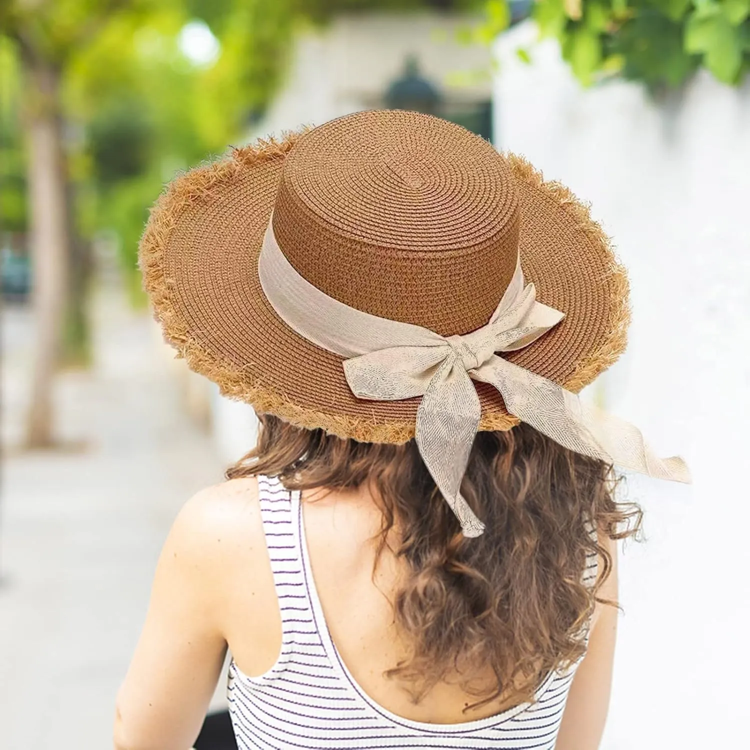 Womens 𝚂traw Sun Hats Bow Wide Brim Foldable Beach Hats Flat Top Hat Summer Sun Travel Hat