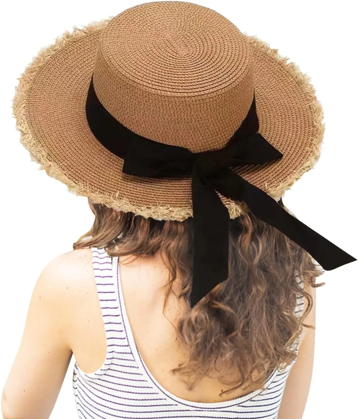 Womens 𝚂traw Sun Hats Bow Wide Brim Foldable Beach Hats Flat Top Hat Summer Sun Travel Hat