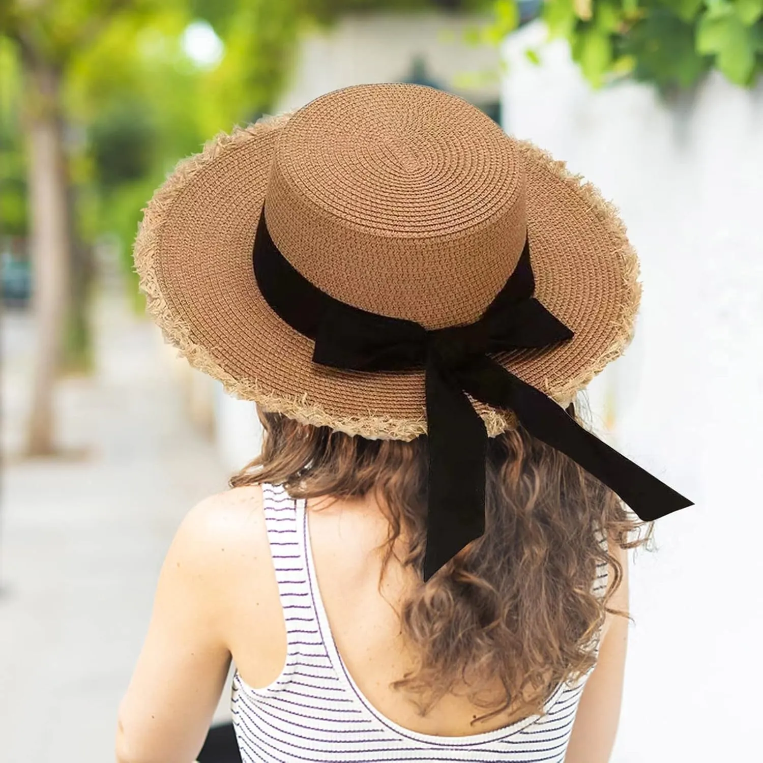 Womens 𝚂traw Sun Hats Bow Wide Brim Foldable Beach Hats Flat Top Hat Summer Sun Travel Hat