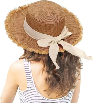 Womens 𝚂traw Sun Hats Bow Wide Brim Foldable Beach Hats Flat Top Hat Summer Sun Travel Hat