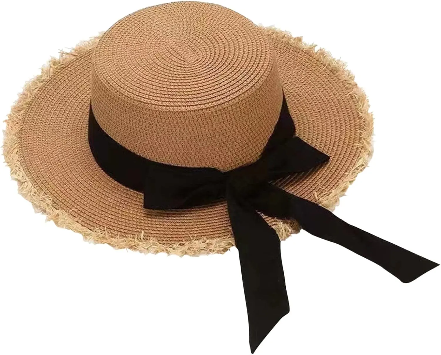 Womens 𝚂traw Sun Hats Bow Wide Brim Foldable Beach Hats Flat Top Hat Summer Sun Travel Hat