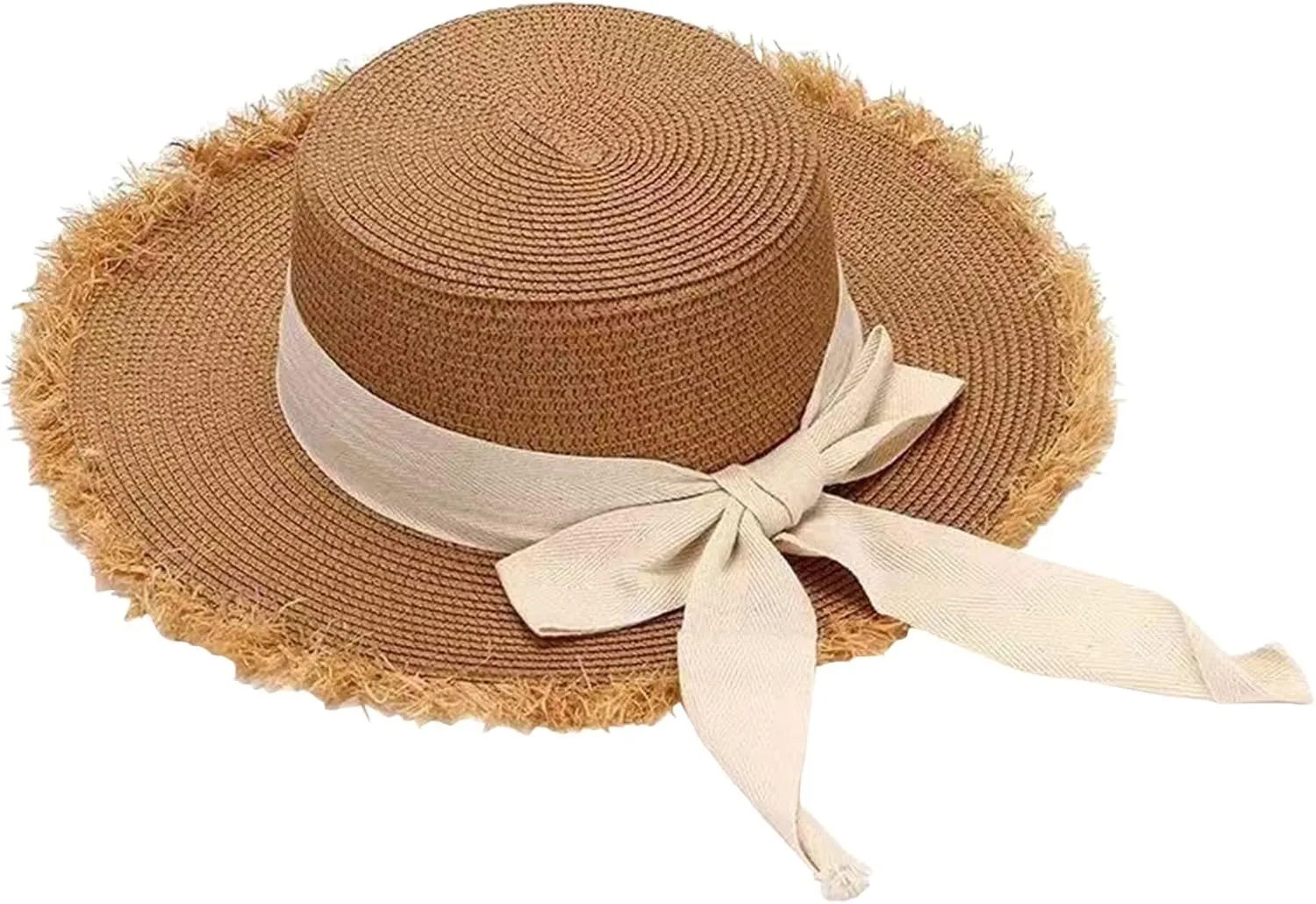 Womens 𝚂traw Sun Hats Bow Wide Brim Foldable Beach Hats Flat Top Hat Summer Sun Travel Hat