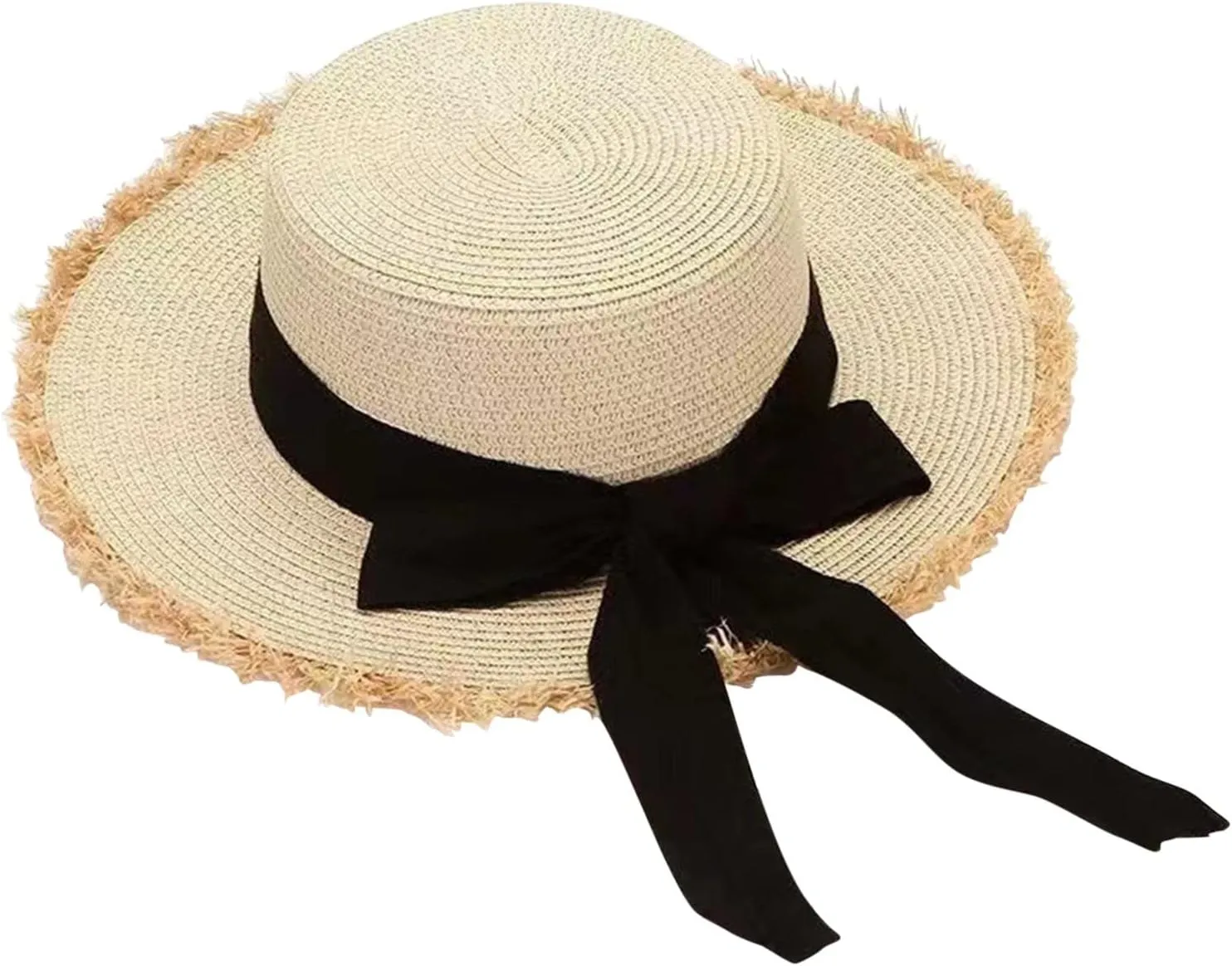 Womens 𝚂traw Sun Hats Bow Wide Brim Foldable Beach Hats Flat Top Hat Summer Sun Travel Hat