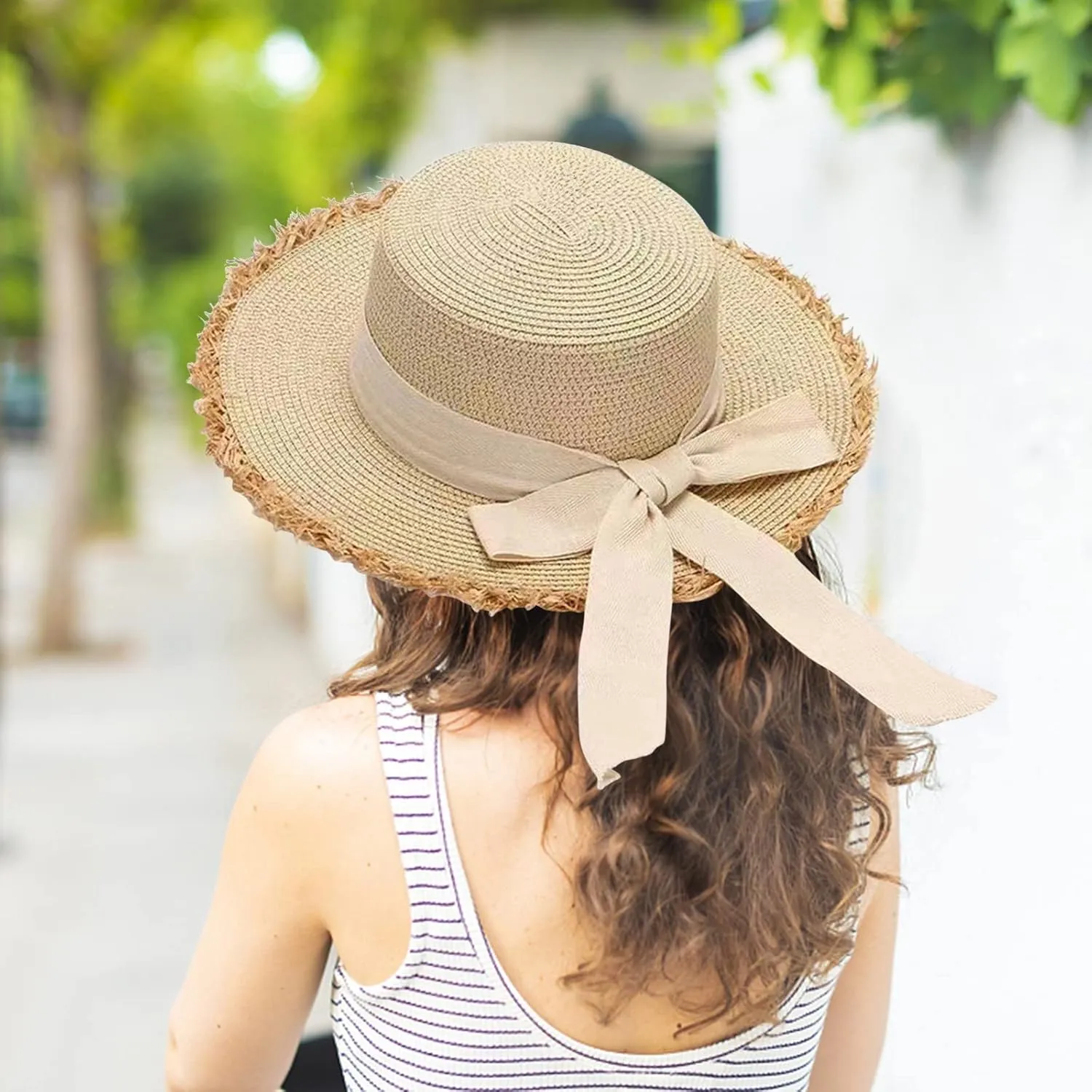 Womens 𝚂traw Sun Hats Bow Wide Brim Foldable Beach Hats Flat Top Hat Summer Sun Travel Hat