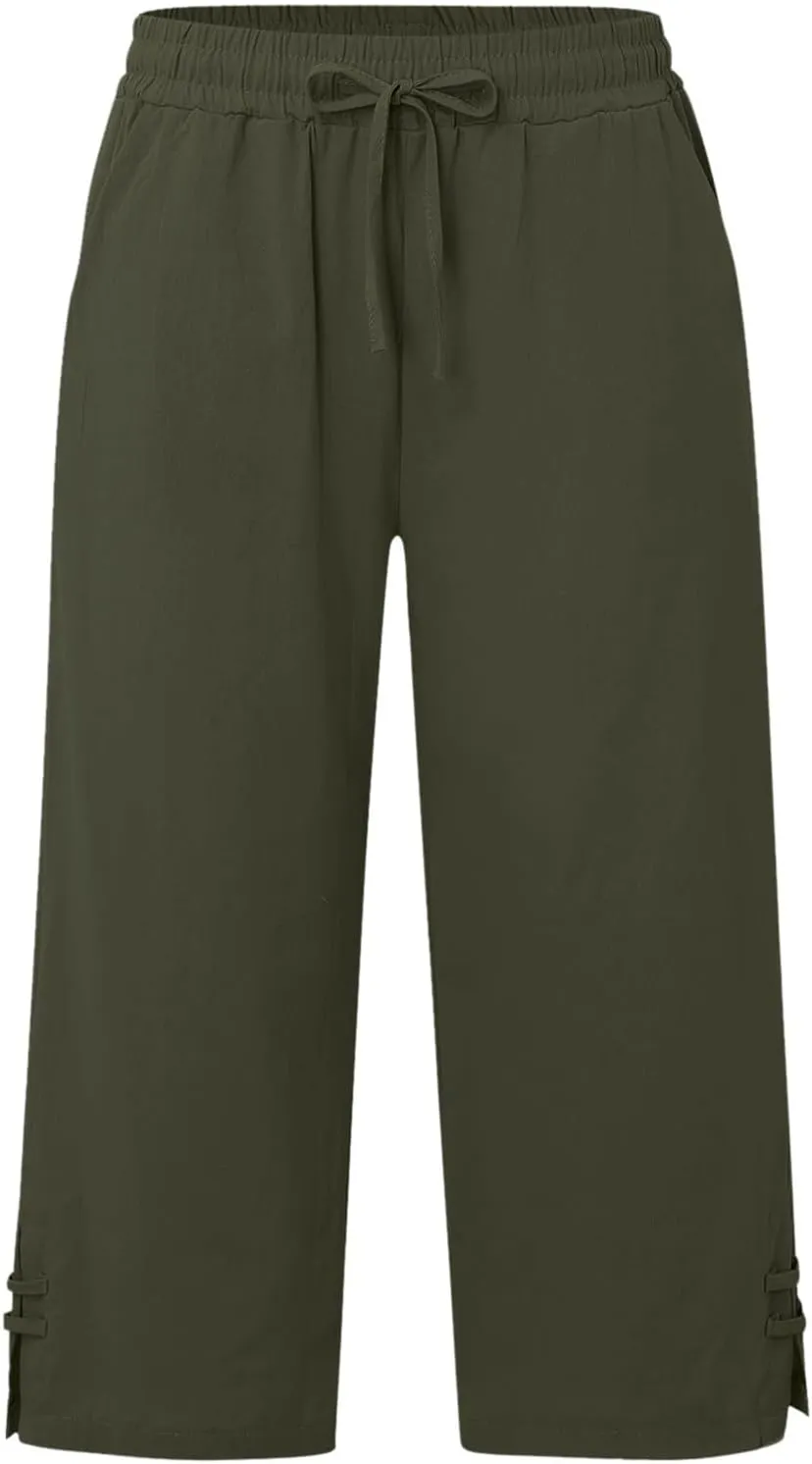 Women's Trendy Wide Leg Pants High Waist Drawstring Elastic Trousers Straight Leg Casual Long Bottoms