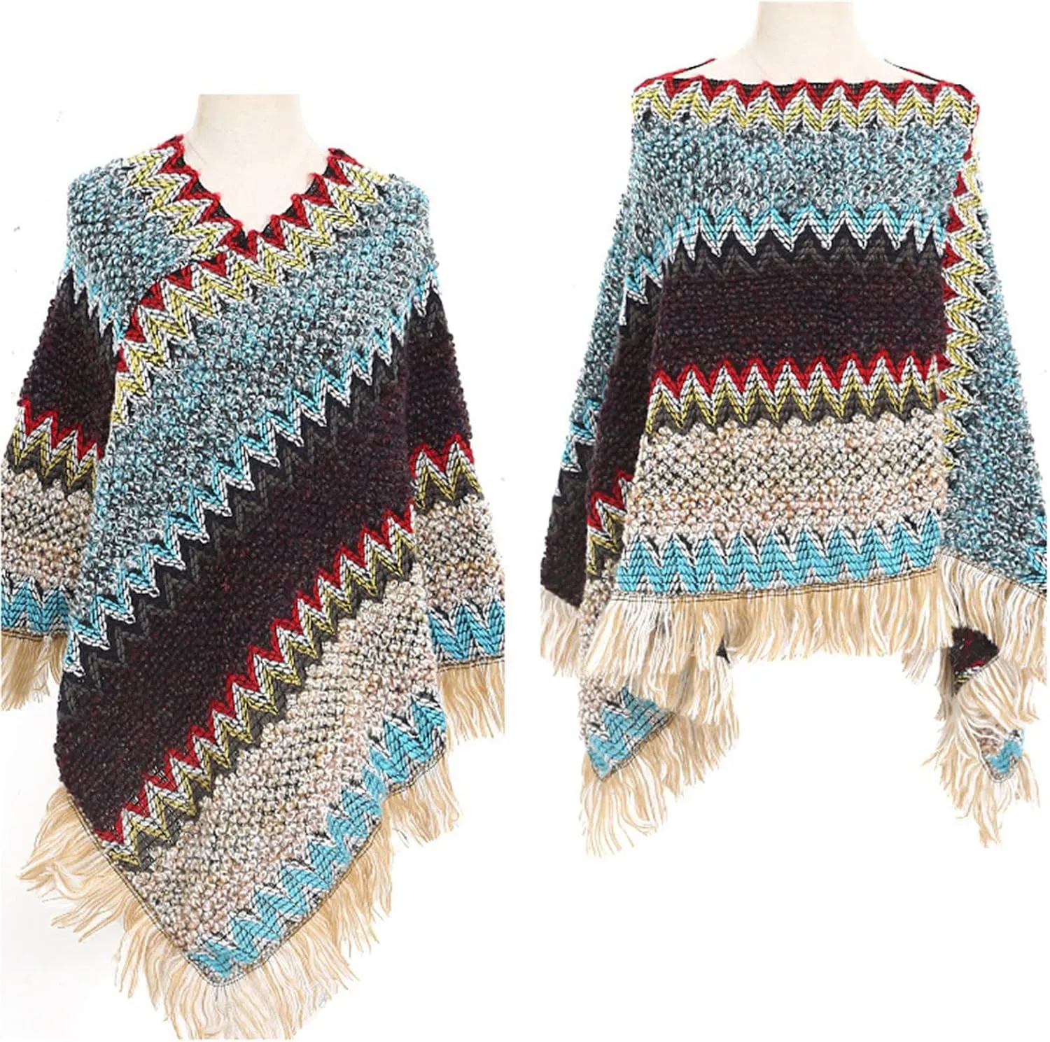 Women's Vintage Warm Knitted Tassel Poncho Shawl Cape Button Cardigan Poncho Cape Blanket Shawls and Wraps for Winter