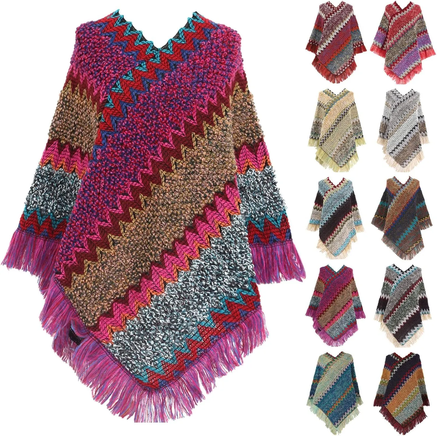 Women's Vintage Warm Knitted Tassel Poncho Shawl Cape Button Cardigan Poncho Cape Blanket Shawls and Wraps for Winter