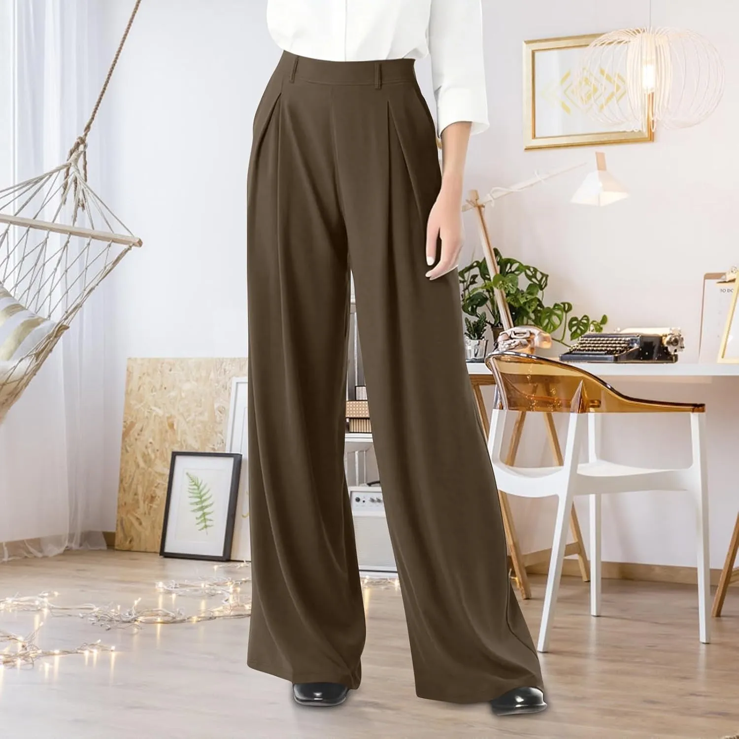 Women's Wide Legged Pants Pleated High Waisted with Pockets Flowy Trousers Business Casual Bottoms Trendy