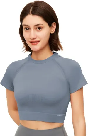 Womens Workout Crop Tops Short Sleeve Yoga Gym Athletic Shirts Running Tank Tops Slim Fit YLT3M131