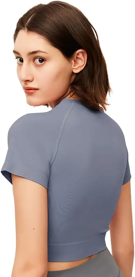 Womens Workout Crop Tops Short Sleeve Yoga Gym Athletic Shirts Running Tank Tops Slim Fit YLT3M131