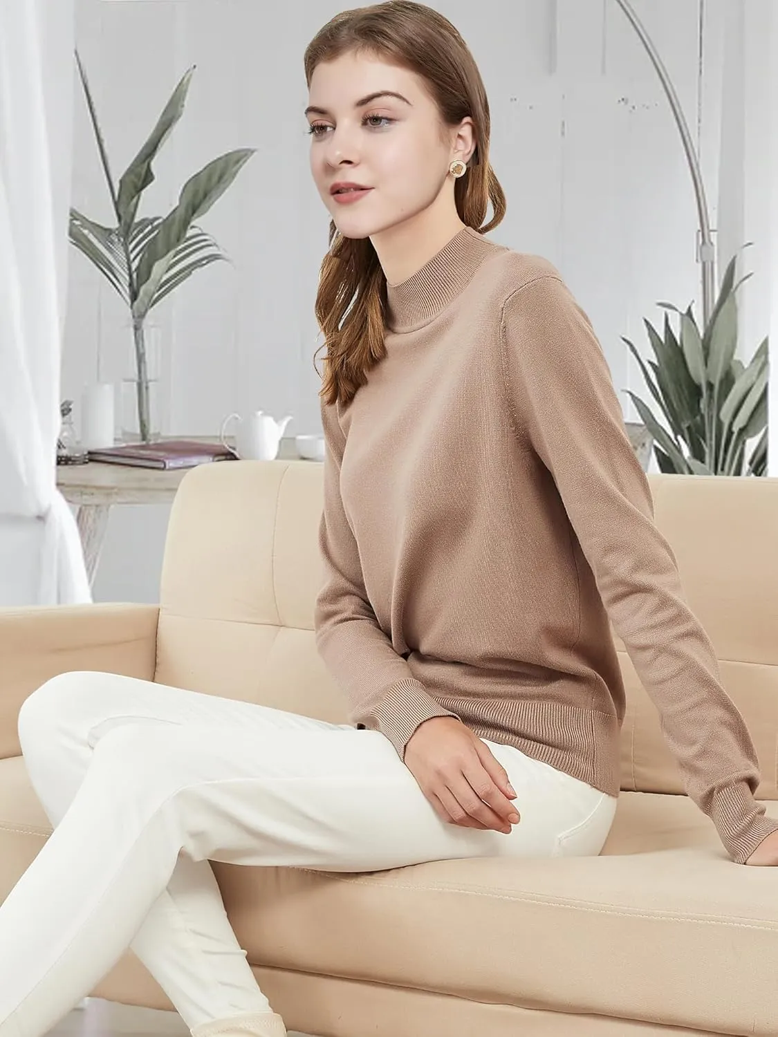 Woolicity Womens Mock Neck Sweater Long Sleeve Knit Pullover Tops Casual Lightweight Jumper Loose Pullover Tops