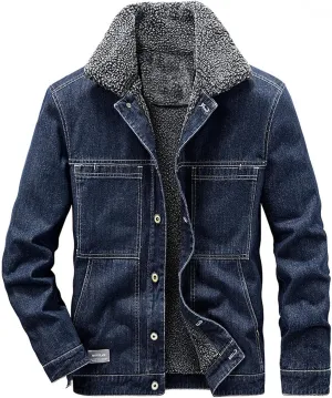 XUNRYAN Men Winter Warm Denim Jacket Sherpa Fleece Lined Coats Thicken Bomber Jacket Casual Button Long Sleeve Jeans Jacket